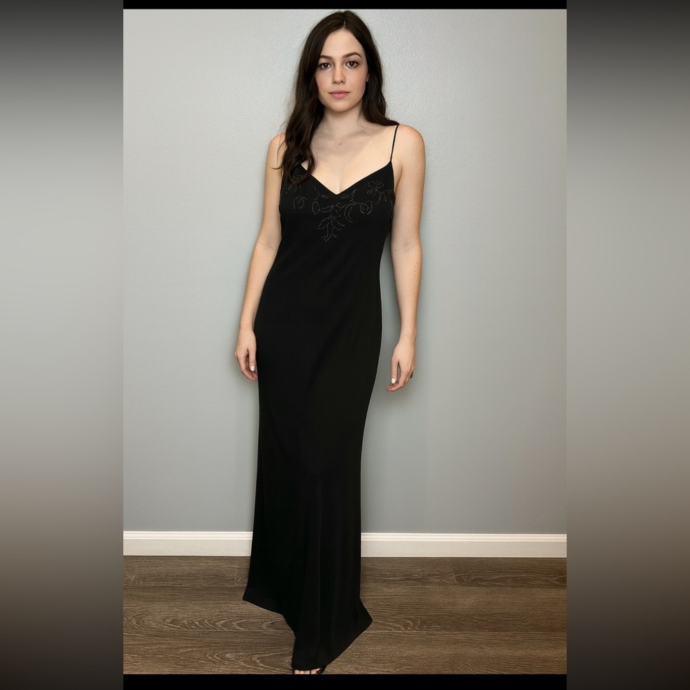Betsy & Adam Vintage Women's Black Silk Beaded Maxi Dress Cocktail Party Size 8P - Picture 1 of 6